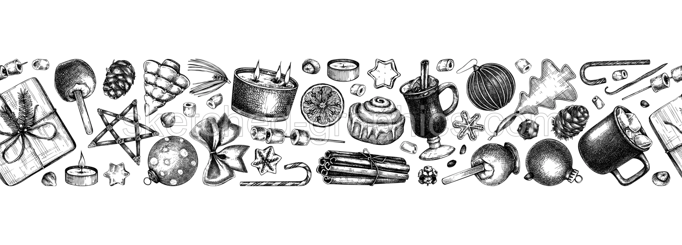 Christmas decoration - gifts, sweets, Christmas tree decor, candles, hot drinks and spices sketches. Vintage seamless ribbon for winter holiday. New Year background black and white. Illustration